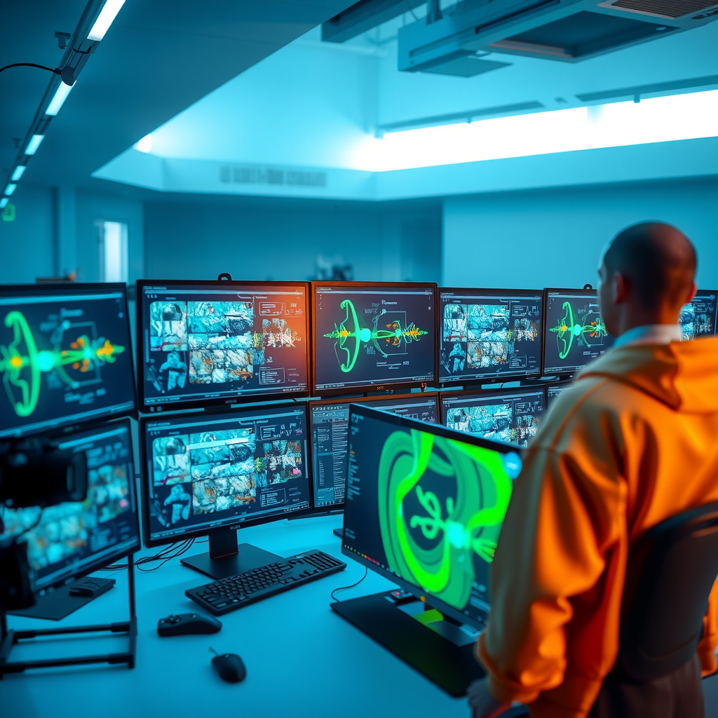 Modern AI research laboratory with multiple computer screens showing video diffusion model training processes, neural network architectures, and real-time video generation outputs