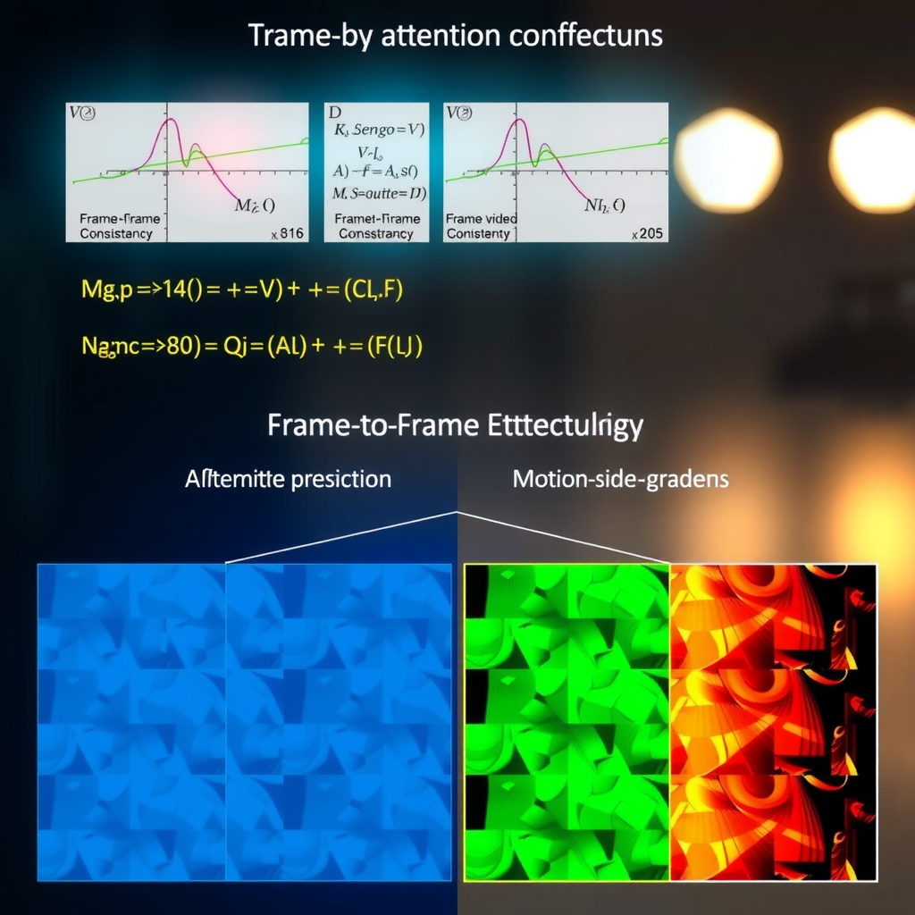 Visual representation of temporal attention mechanisms in Stable Video Diffusion showing frame-to-frame consistency analysis with mathematical diagrams, neural network architecture layers, and side-by-side video frame comparisons highlighting motion preservation techniques