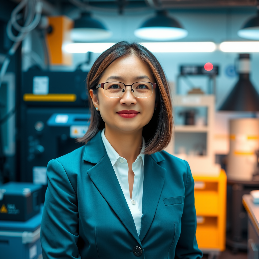 Dr. Sarah Chen, Research Director, wearing professional attire in a modern research laboratory setting with AI equipment in the background