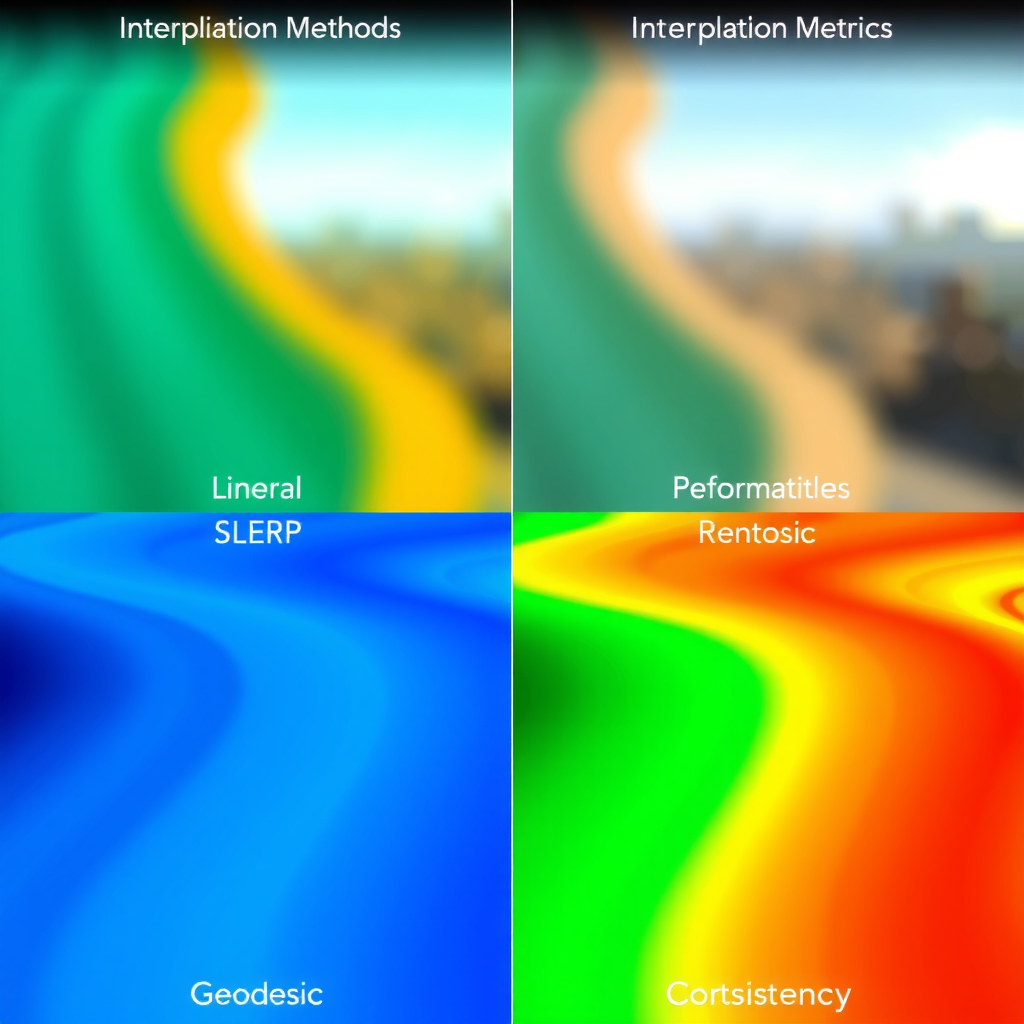 Side-by-side comparison of different interpolation methods (linear, SLERP, and geodesic) showing the resulting video sequences and quality metrics, with visual indicators of smoothness and semantic consistency