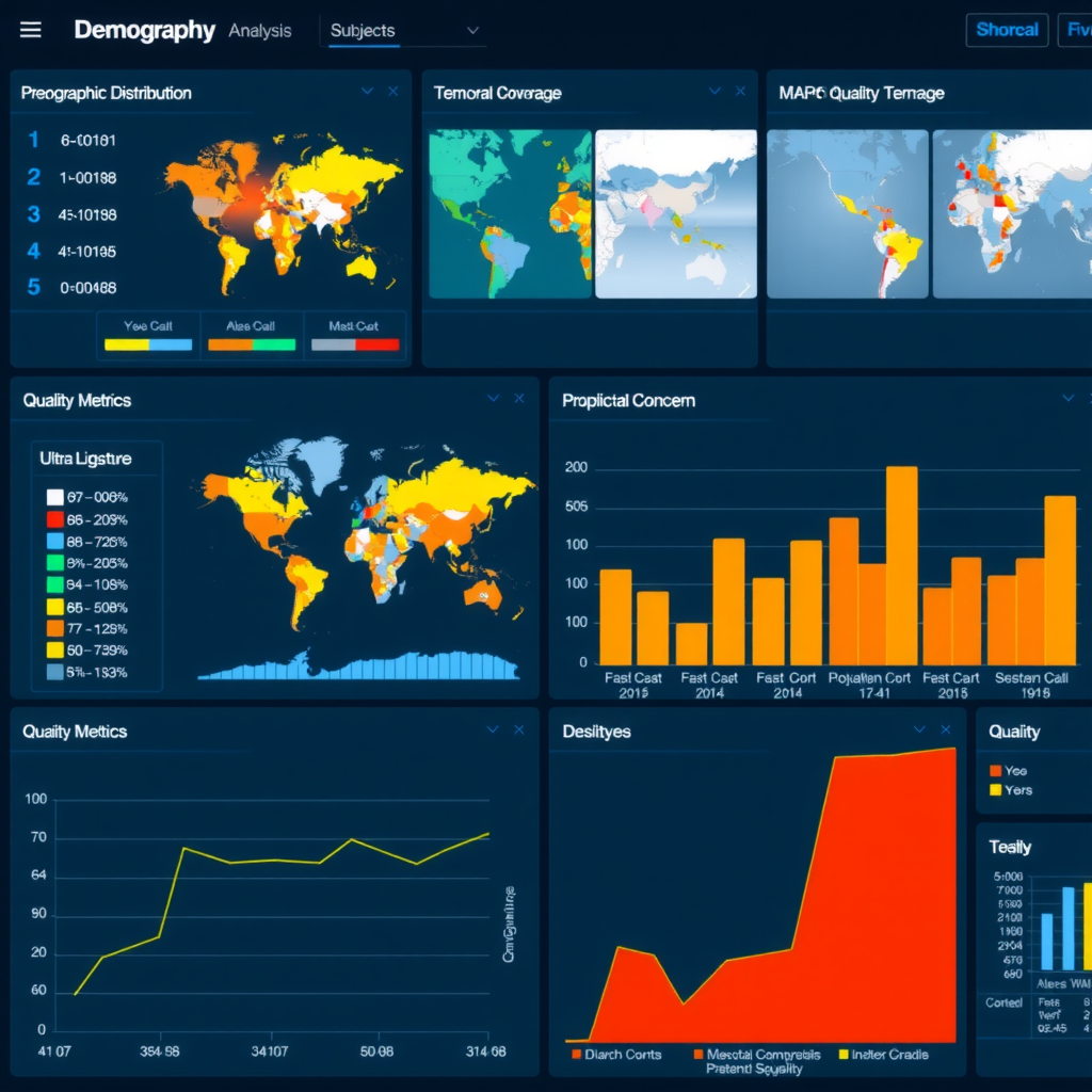 Interactive dashboard visualization showing demographic distribution analysis, geographic coverage maps, temporal distribution charts, and quality metrics across different population segments with highlighted areas of concern