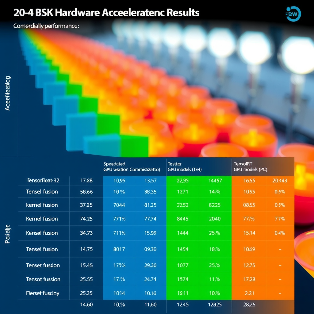 Detailed hardware acceleration benchmark results displaying performance improvements from TensorFloat-32, kernel fusion, Flash Attention, and TensorRT optimization across different GPU models with speedup multipliers and memory reduction percentages