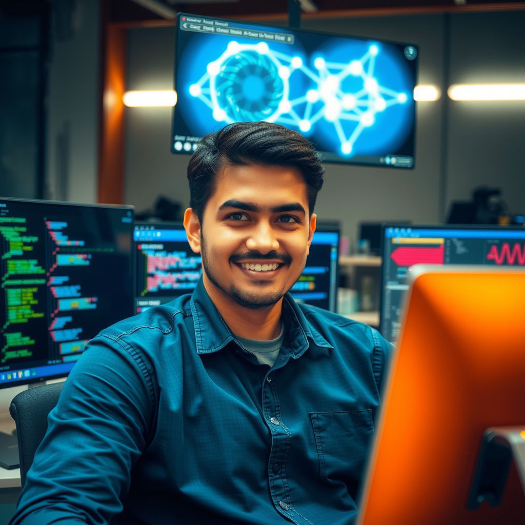 Marcus Rodriguez, Lead Developer, in a modern office environment with multiple monitors displaying code and neural network visualizations