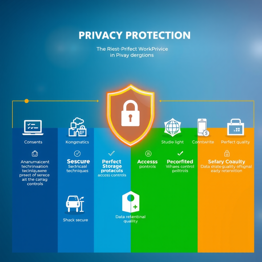 Comprehensive diagram showing privacy protection workflow including consent verification, anonymization techniques, secure storage protocols, access controls, and data retention policies with security checkpoints at each stage
