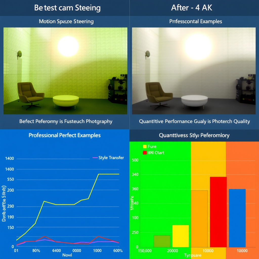 Research results showing before and after comparisons of latent space steering applications, including motion control examples, style transfer results, and quantitative performance metrics displayed in charts and graphs